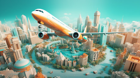 Vacation to travelling in city. Airplanes fly to one place Popular travel destinationsの素材