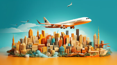 Travel concept with landmarks. Airplanes fly to one place Popular travel destinations. travel concept with landmarksの素材