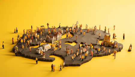 People forming a big group over a world model International migrants day. a globe 3D illustrationの素材