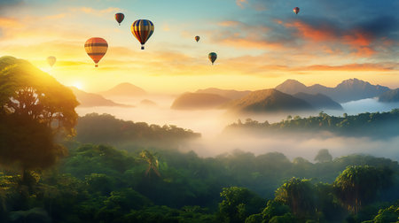 Hot air balloons above the mountains. Colorful hot air balloons flying over mountain. panoramaの素材