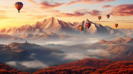 Hot air balloons above the mountains. Colorful hot air balloons flying over mountain. panoramaの素材