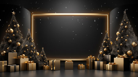 Golden gold decorations and gifts christmas on black frame background with with copy space bannerの素材