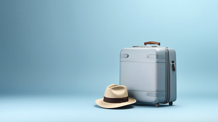 Suitcase and hat against a blue background. Travel concept. minimal styleの素材
