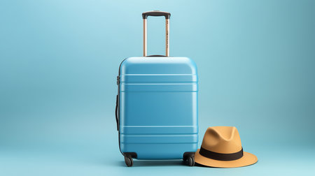 Suitcase and hat against a blue background. Travel concept. minimal styleの素材