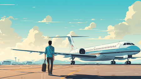 a guy standing near an airplane in the sky. Flat design illustration retirement travelの素材