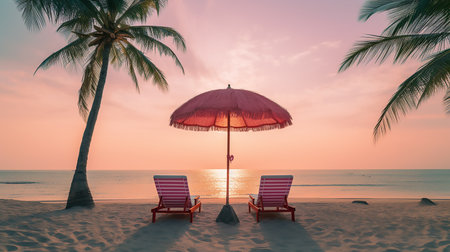 Umbrella and chair on the beautiful beach and sea with coconut palm tree - Vintage Filterの素材