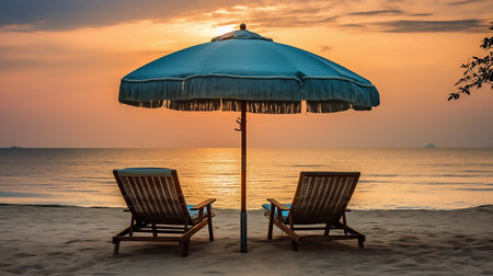 Chairs and umbrella on the beach at sunset time, Thailand.の素材
