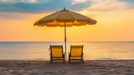 Umbrella and chair on the beautiful beach and sea at sunset time for travel and vacationの素材