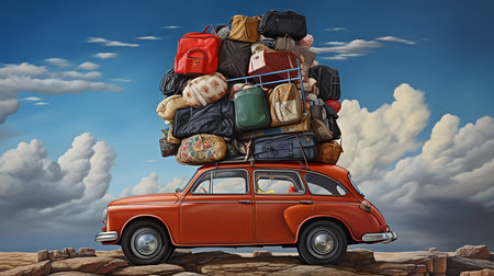 Pile of luggage on the roof of an old car. 3d illustrationの素材