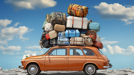 Car loaded with luggage on the roof of a car. 3d illustrationの素材