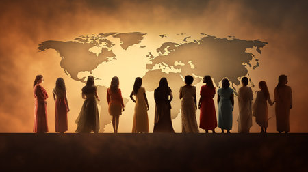Silhouettes of women in front of a world map. Representing societies and different culturesの素材