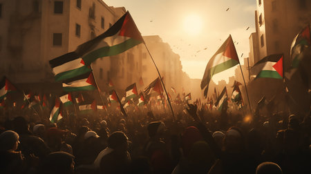 Thousands of people with palestine flags rallying in the street a crowd waving flags during protestの素材