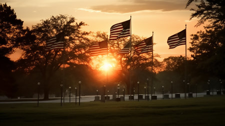 American flag waving in the wind with the sun setting behind the treesの素材