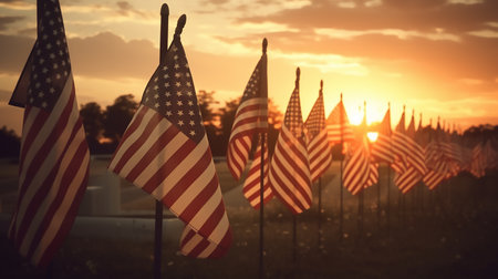 American flags in a cemetery during sunset. Selective focus on the flagsの素材