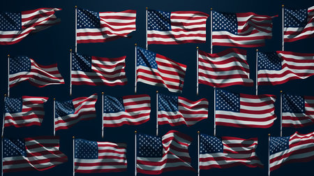 American flags on dark blue background. Memorial Day Independence Day United states flags collectionの素材
