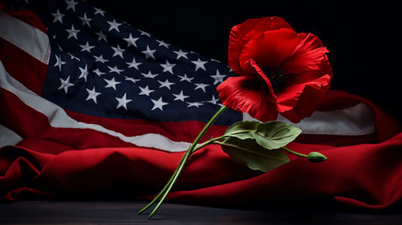 An American flag and poppy flower on a dark background. Remembrance day poppy Red poppiesの素材