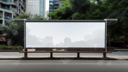 Blank billboard at the bus stand in the city. 3D illustration. Big blank billboard white LED screenの素材
