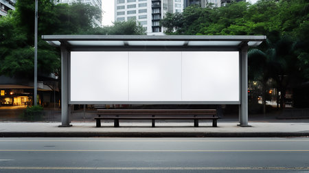 Blank billboard at the bus stand in the city. 3D illustration. Big blank billboard white LED screenの素材