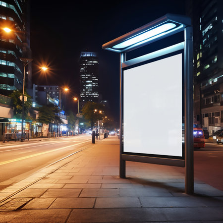 Blank billboard at the bus stand in the city. 3D illustration. Big blank billboard white LED screenの素材