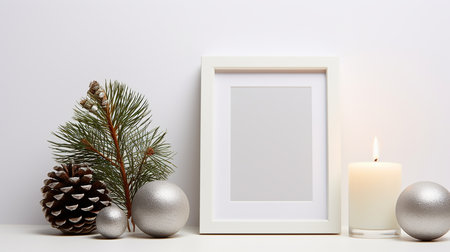 Christmas frame mockup in white interior with christmas tree, candle and fir cones.  3D rendering, illustrationの素材