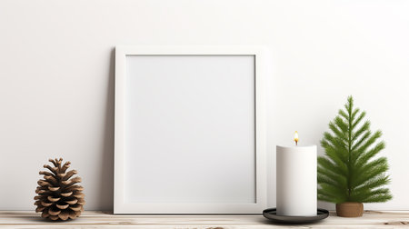 Christmas frame mockup in white interior with christmas tree, candle and fir cones.  3D rendering, illustrationの素材