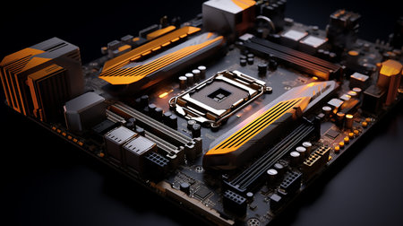 Computer motherboard with a cpu processor. A close up of a motherboard with a motherboard attachedの素材