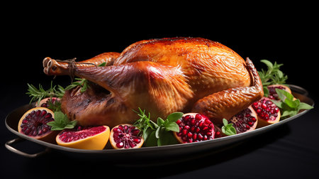 Garnished traditional roasted turkey with fresh figs, pomegranate, and herbs. White backgroundの素材