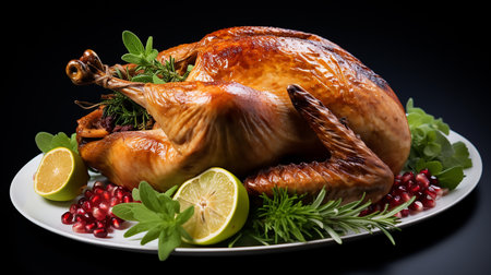 Garnished traditional roasted turkey with fresh figs, pomegranate, and herbs. White backgroundの素材