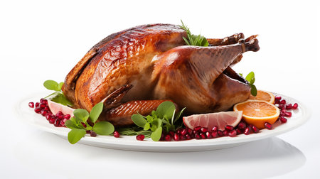 Garnished traditional roasted turkey with fresh figs, pomegranate, and herbs. White backgroundの素材