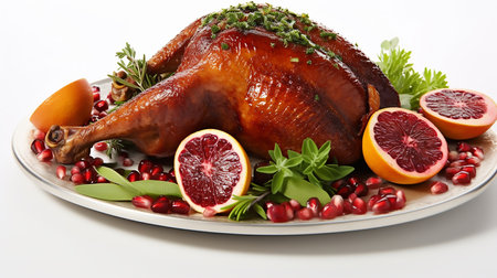 Garnished traditional roasted turkey with fresh figs, pomegranate, and herbs. White backgroundの素材