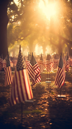 American flags at sunset on cemetery set up. Happy Veterans Day, Memorial Day, Independence Dayの素材