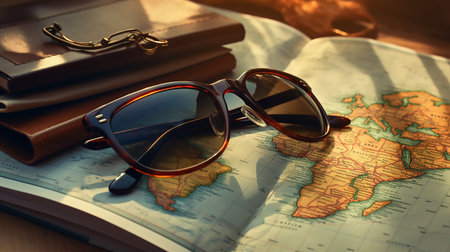 Glasses, map and notebook on wooden table. Travel concept.の素材