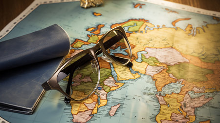 Sunglasses, passport with map. Travel concept, two passports on the map of Europeの素材