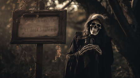 Full frame picture with skeleton holding an empty wooden sign in a cemetery. Halloween with Placardの素材