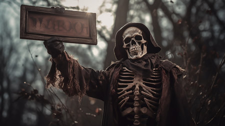 Full frame picture with skeleton holding an empty wooden sign in a cemetery. Halloween with Placardの素材