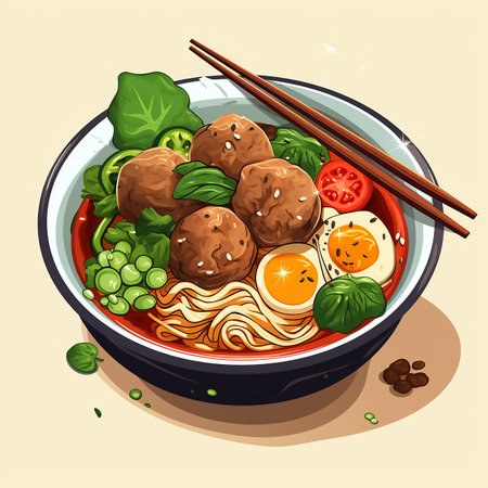 Bowl of noodle soup with meatballs and egg. Vector illustration.の素材