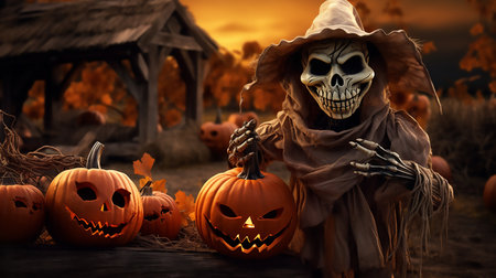Skeleton holding a wooden block in forest of pumpkins and halloween spritesの素材