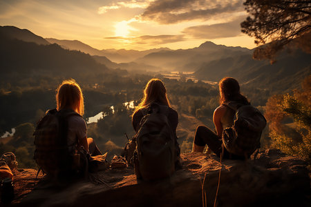 a group people are sitting on a log and watching the sunset and view. Cold winter or autumn dayの素材