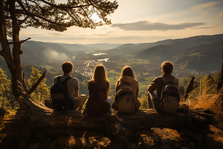 a group people are sitting on a log and watching the sunset and view. Cold winter or autumn dayの素材