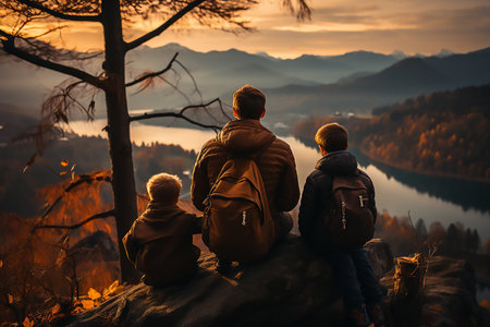 a group people are sitting on a log and watching the sunset and view. Cold winter or autumn dayの素材