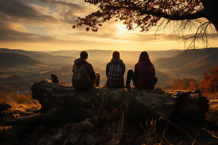 a group people are sitting on a log and watching the sunset and view. Cold winter or autumn dayの素材