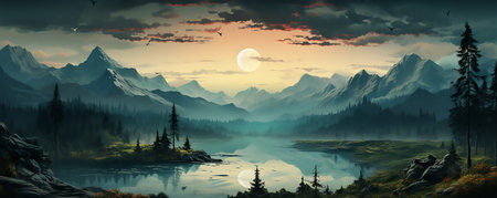 Fantasy landscape with mountain lake and forest at sunset. 3d illustrationの素材