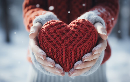 Female hands holding red knitted heart on snowy background, closeupの素材