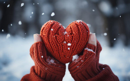 Female hands in red knitted mittens holding a red heart on the background of the winter forestの素材