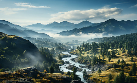 Foggy autumn mountain landscape with river and coniferous forestの素材