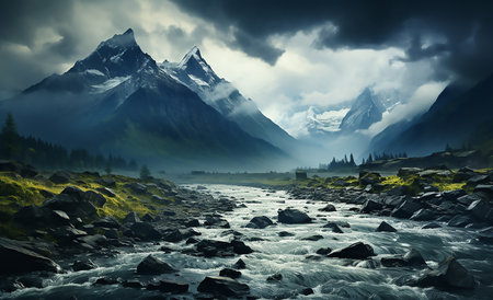 Mountain landscape with river and high peaks in the clouds. 3d renderingの素材