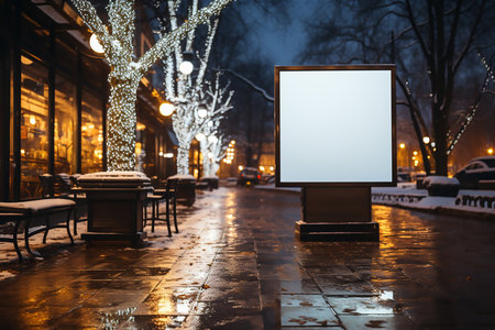 Night city blank street billboard poster stand mockup. Christmas outdoors lighting whiteの素材