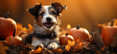 Jack russell terrier with pumpkins and leaves in autumnの素材