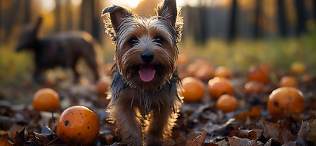 Yorkshire Terrier in the autumn park with pumpkins and leavesの素材