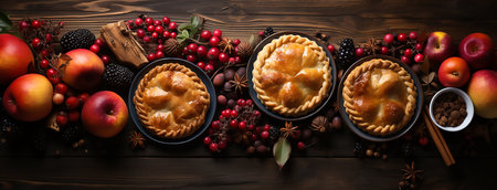 Autumn composition with homemade apple pie, berries and spices on wooden backgroundの素材
